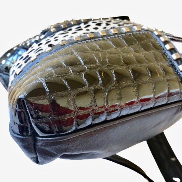 Vintage Genuine Leather Calf Hair Patchwork Shoulder Bag Mixed Prints - Picture 7 of 14